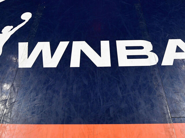 UNCASVILLE, CT - JULY 06: A general view of a WNBA logo on the court before a WNBA game between the Las Vegas Aces and the Connecticut Sun on July 6, 2025, at Mohegan Sun Arena in Uncasville, CT.