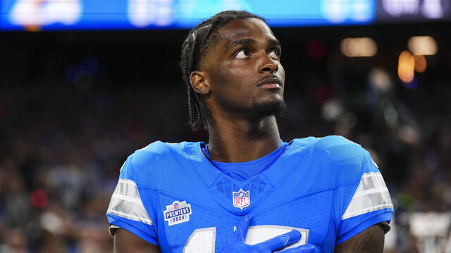 DETROIT, MI - SEPTEMBER 08: Ennis Rakestraw Jr. #15 of the Detroit Lions looks on from the sideline prior to an NFL football game against the Los Angeles Rams at Ford Field on September 8, 2024 in Detroit, Michigan.