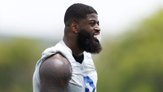 WOODLAND HILLS, CALIFORNIA - JUNE 3: Jared Verse #8 of the Los Angeles Rams smiles during an OTA offseason workout on June 3, 2025 in Woodland Hills, California.