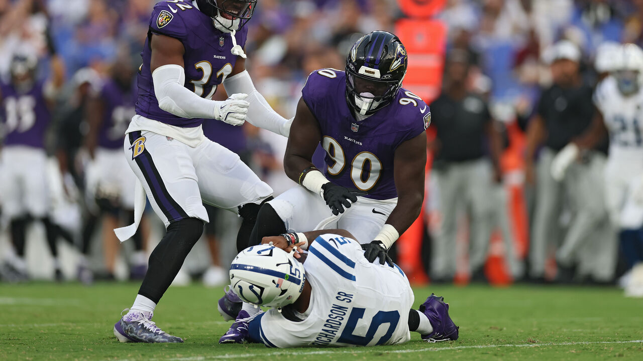 BALTIMORE, MARYLAND - AUGUST 07: Quarterback Anthony Richardson Sr. #5 of the Indianapolis Colts lays on the ground after being sacked by linebacker David Ojabo #90 of the Baltimore Ravens in the first half during the NFL Preseason 2025 game between Indianapolis Colts and Baltimore Ravens at M&T Bank Stadium on August 7, 2025 in Baltimore, Maryland.