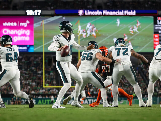 PHILADELPHIA, PENNSYLVANIA - AUGUST 7: A general view as Tanner McKee #16 of the Philadelphia Eagles attempts a pass against the Cincinnati Bengals during the first half of the NFL Preseason 2025 game at Lincoln Financial Field on August 7, 2025 in Philadelphia, Pennsylvania.