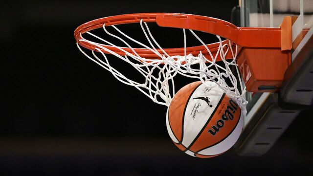 SAN FRANCISCO, CALIFORNIA - AUGUST 06: The WNBA logo is seen on a basketball before the Las Vegas Aces play the Golden State Valkyries at Chase Center on August 06, 2025 in San Francisco, California.