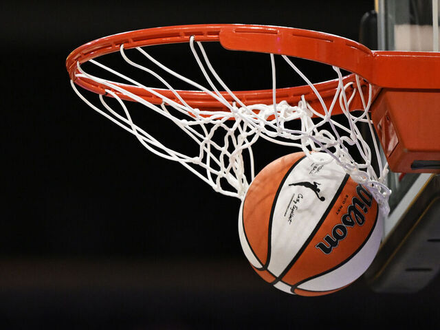 SAN FRANCISCO, CALIFORNIA - AUGUST 06: The WNBA logo is seen on a basketball before the Las Vegas Aces play the Golden State Valkyries at Chase Center on August 06, 2025 in San Francisco, California.