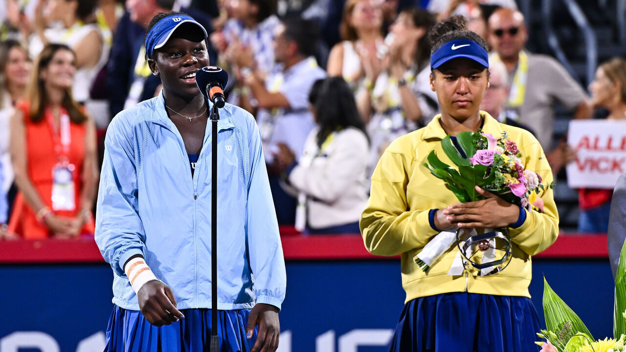 MONTREAL, CANADA - AUGUST 07: Victoria Mboko of Canada addresses the spectators following her victory against Naomi Osaka of Japan during the Women's Singles Final match on day twelve of the WTA 1000 National Bank Open at IGA Stadium on August 7, 2025 in Montreal, Quebec, Canada.