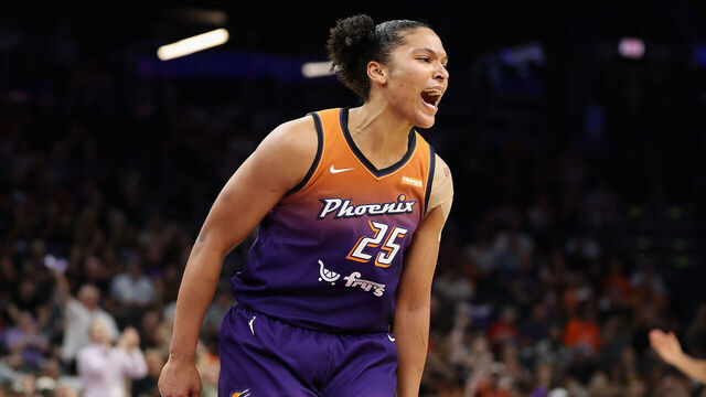PHOENIX, ARIZONA - AUGUST 07: Alyssa Thomas #25 of the Phoenix Mercury reacts during the second half of the WNBA game at PHX Arena on August 07, 2025 in Phoenix, Arizona. The Mercury defeated the Fever 95-60.