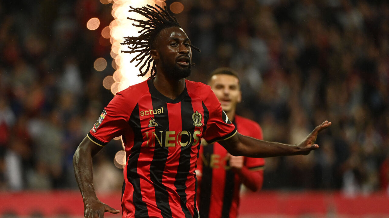 Nice's Ivorian forward #29 Evann Guessand celebrates after scoring a goal during the French L1 football match between OGC Nice and Stade Brestois 29 (Brest) at the Riviera Stadium in Nice, south-eastern France, on May 17, 2025.