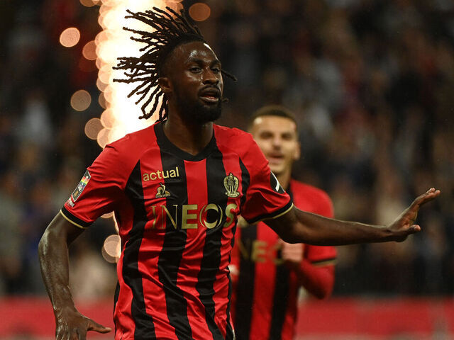 Nice's Ivorian forward #29 Evann Guessand celebrates after scoring a goal during the French L1 football match between OGC Nice and Stade Brestois 29 (Brest) at the Riviera Stadium in Nice, south-eastern France, on May 17, 2025.