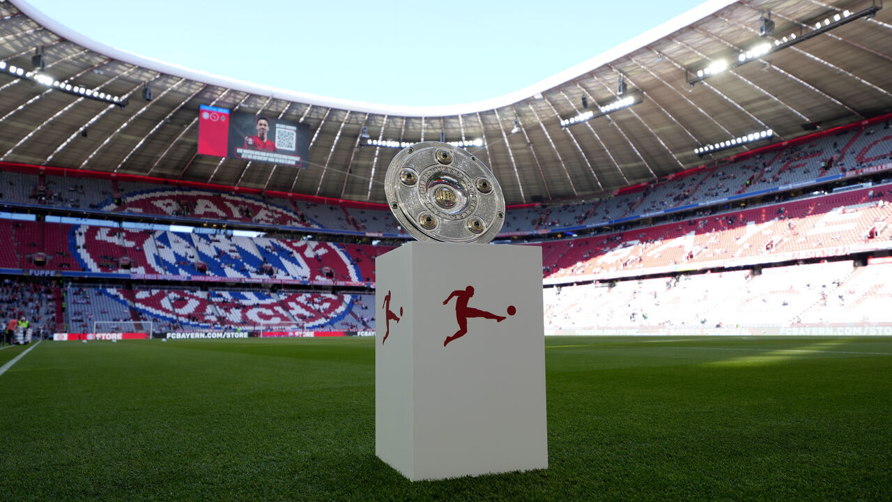 MUNICH, GERMANY - MAY 10: A general view of the Meisterschale trophy on the plinth prior to the Bundesliga match between FC Bayern München and Borussia Mönchengladbach at Allianz Arena on May 10, 2025 in Munich, Germany.