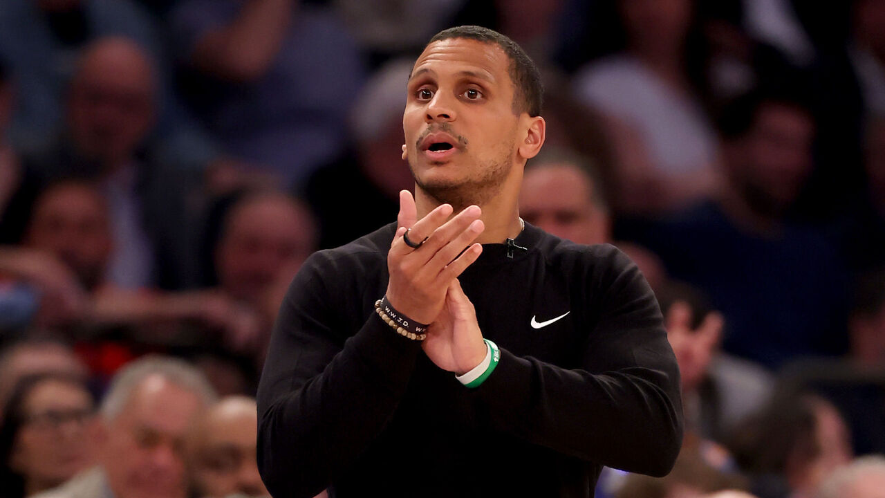 NEW YORK, NEW YORK - MAY 12: Head coach Joe Mazzulla of the Boston Celtics against the New York Knicks during the first half in Game Four of the Eastern Conference Second Round NBA Playoffs at Madison Square Garden on May 12, 2025 in New York City.