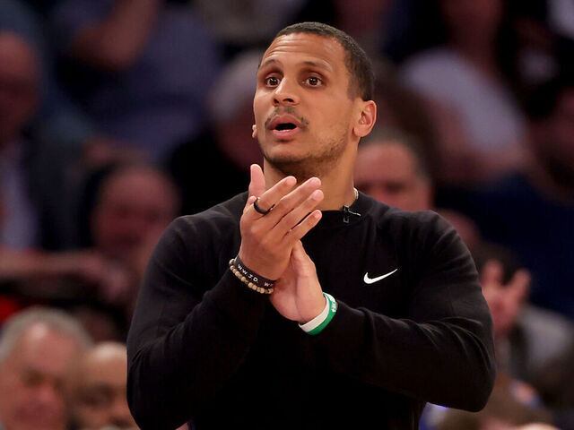 NEW YORK, NEW YORK - MAY 12: Head coach Joe Mazzulla of the Boston Celtics against the New York Knicks during the first half in Game Four of the Eastern Conference Second Round NBA Playoffs at Madison Square Garden on May 12, 2025 in New York City.