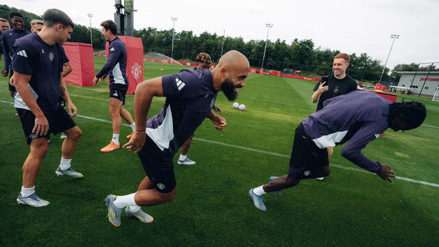 MANCHESTER, ENGLAND - AUGUST 06: (EXCLUSIVE COVERAGE) Bryan Mbeumo of Manchester United in action during a first team training session at Carrington Training Ground on August 06, 2025 in Manchester, England.