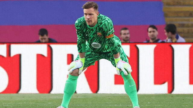 Marc-Andre ter Stegen plays during the match between FC Barcelona and Villarreal CF, corresponding to week 37 of LaLiga EA Sports, at the Olympic Stadium Lluis Companys, in Barcelona, Spain, on May 18, 2025.