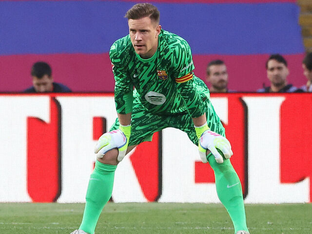 Marc-Andre ter Stegen plays during the match between FC Barcelona and Villarreal CF, corresponding to week 37 of LaLiga EA Sports, at the Olympic Stadium Lluis Companys, in Barcelona, Spain, on May 18, 2025.