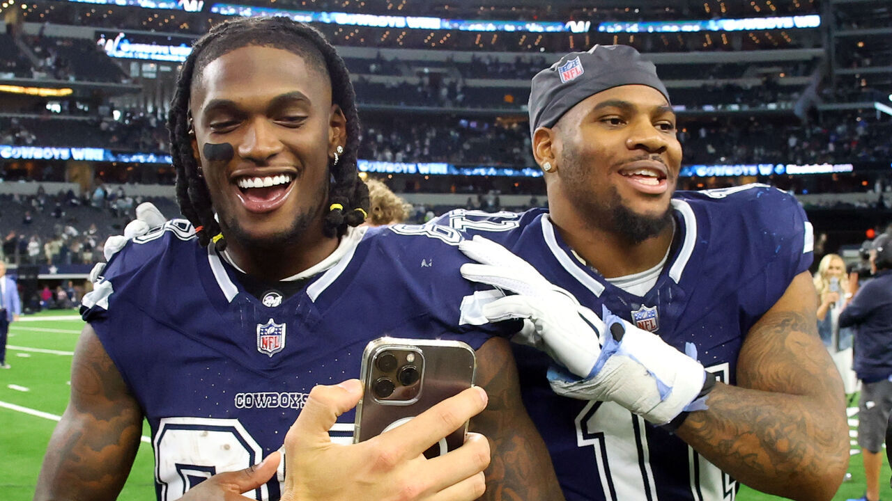 ARLINGTON, TEXAS - OCTOBER 29: CeeDee Lamb #88 and Micah Parsons #11 of the Dallas Cowboys celebrate after the win over the Los Angeles Rams at AT&T Stadium on October 29, 2023 in Arlington, Texas.