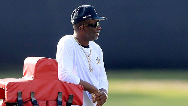 TAMPA, FL - JULY 23: University of Colorado Head Coach Deion Sanders watches the Buccaneers go thru a drill during Training Camp on July 23, 2025 at the AdventHealth Training Center at One Buccaneer Place in Tampa, Florida.