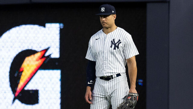NEW YORK, NEW YORK - JUNE 14: Giancarlo Stanton #27 of the New York Yankees stands in the outfield during the fifth inning of the game against the Tampa Bay Rays at Yankee Stadium on June 14, 2022 in New York City.