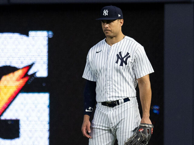 NEW YORK, NEW YORK - JUNE 14: Giancarlo Stanton #27 of the New York Yankees stands in the outfield during the fifth inning of the game against the Tampa Bay Rays at Yankee Stadium on June 14, 2022 in New York City.