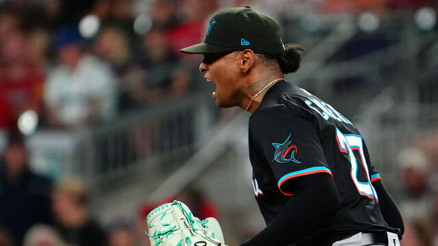 ATLANTA, GEORGIA - AUGUST 8: Edward Cabrera #27 of the Miami Marlins reacts after his last strikeout following his longest start of the season against the Atlanta Braves during the eighth inning at Truist Park on August 8, 2025 in Atlanta, Georgia.