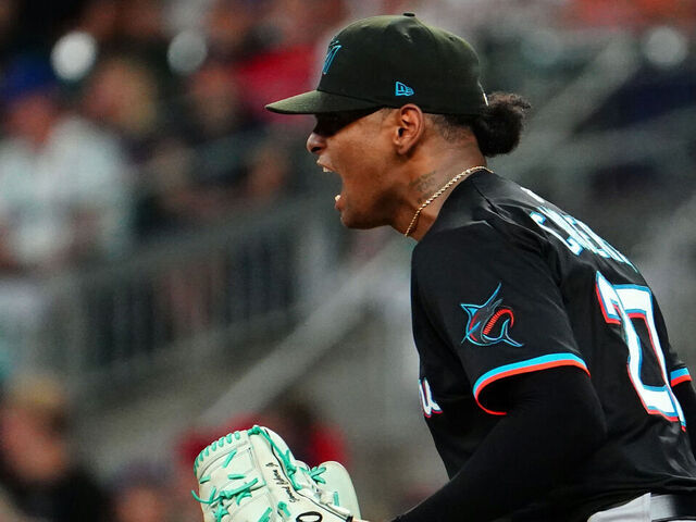 ATLANTA, GEORGIA - AUGUST 8: Edward Cabrera #27 of the Miami Marlins reacts after his last strikeout following his longest start of the season against the Atlanta Braves during the eighth inning at Truist Park on August 8, 2025 in Atlanta, Georgia.