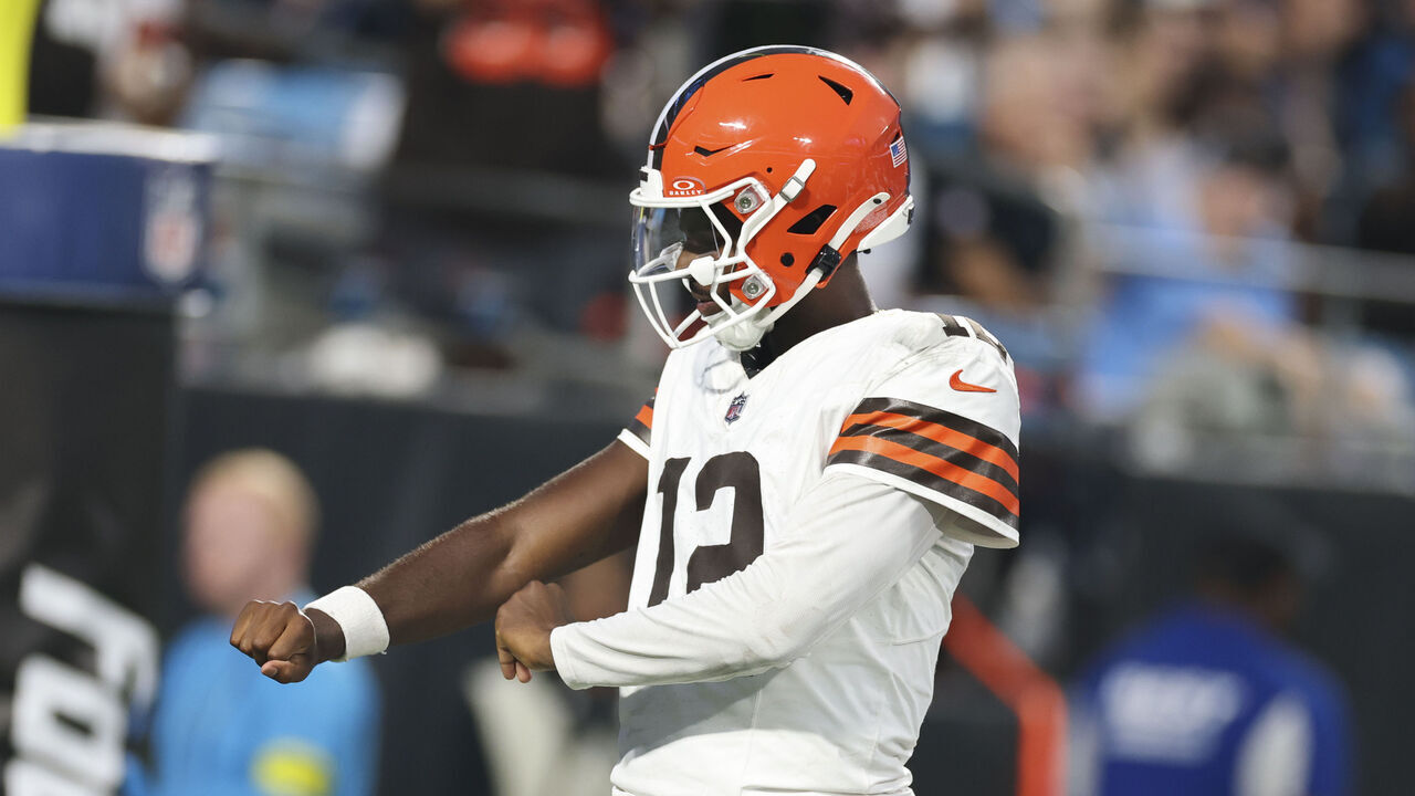 CHARLOTTE, NORTH CAROLINA - AUGUST 8: Shedeur Sanders #12 of the Cleveland Browns celebrates during an NFL Preseason 2025 game against the Carolina Panthers at Bank of America Stadium on August 8, 2025 in Charlotte, North Carolina.