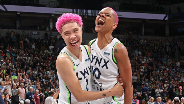 MINNEAPOLIS, MN - AUGUST 8: Courtney Williams #10 and Natisha Hiedeman #2 of the Minnesota Lynx celebrates after the game against the Washington Mystics on August 8, 2025 at Target Center in Minneapolis, Minnesota. Mandatory Copyright Notice: Copyright 2025 NBAE