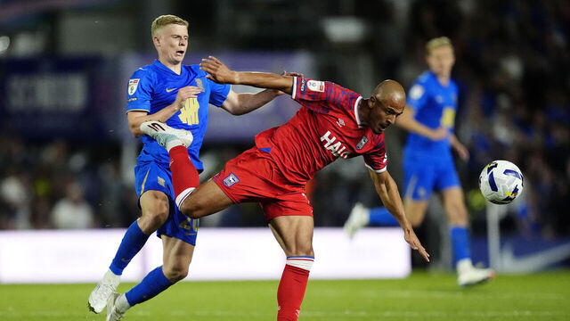 Ipswich Town's Ali Al-Hamadi (right) and Birmingham City's Alex Cochrane battle for the ball during the Sky Bet Championship match at St. Andrew's @ Knighthead Park, Birmingham. Picture date: Friday August 8, 2025.