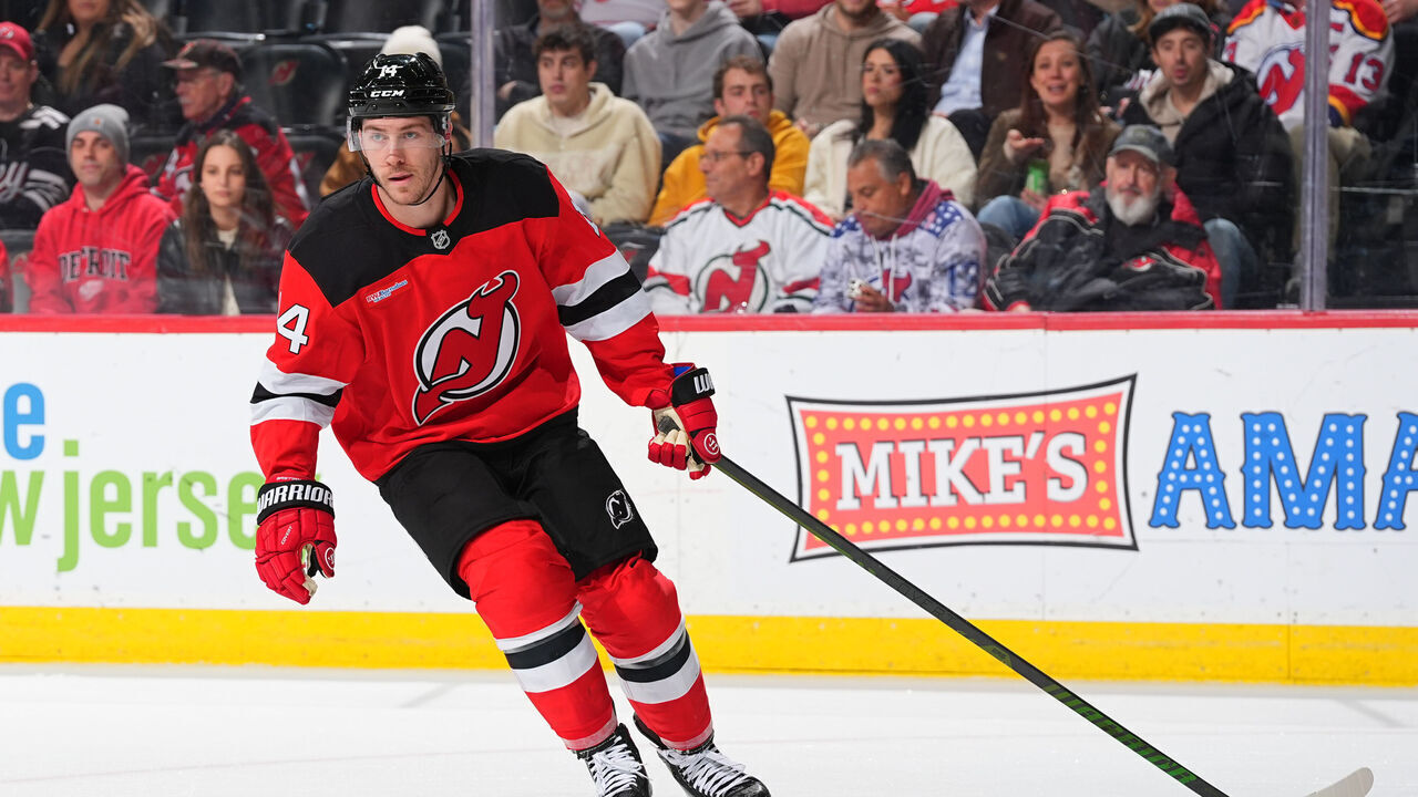 NEWARK, NJ - APRIL 16: Nathan Bastian #14 of the New Jersey Devils skates in the first period of the game against the Detroit Red Wings at Prudential Center on April 16, 2025 in Newark, New Jersey.