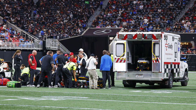 ATLANTA, GEORGIA - AUGUST 8: Morice Norris #26 of the Detroit Lions is tended to by medical staff during the fourth quarter of the NFL Preseason 2025 game between Detroit Lions and Atlanta Falcons at Mercedes-Benz Stadium on August 8, 2025 in Atlanta, Georgia.