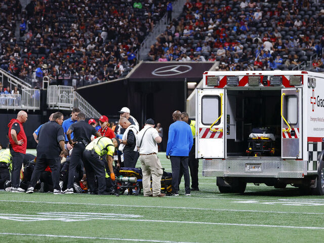 ATLANTA, GEORGIA - AUGUST 8: Morice Norris #26 of the Detroit Lions is tended to by medical staff during the fourth quarter of the NFL Preseason 2025 game between Detroit Lions and Atlanta Falcons at Mercedes-Benz Stadium on August 8, 2025 in Atlanta, Georgia.