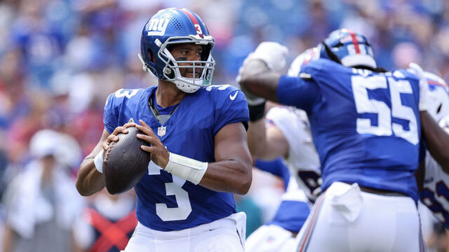 ORCHARD PARK, NEW YORK - AUGUST 09: Russell Wilson #3 of the New York Giants looks to throw a pass during the first quarter of an NFL Preseason 2025 game between New York Giants and Buffalo Bills at Highmark Stadium on August 09, 2025 in Orchard Park, New York.