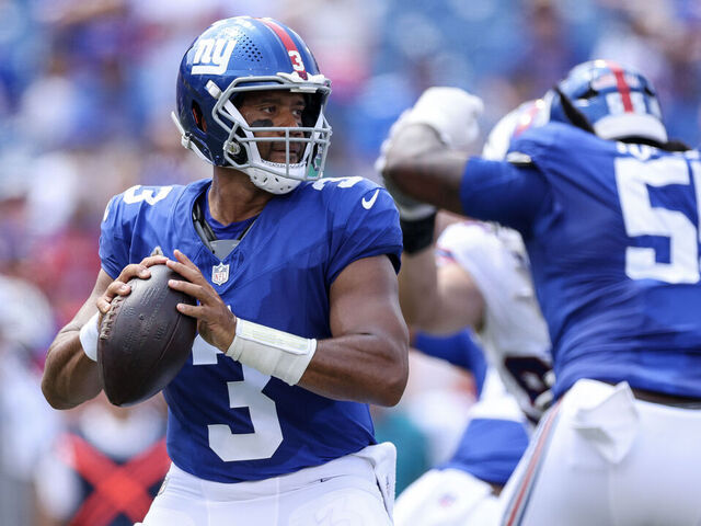 ORCHARD PARK, NEW YORK - AUGUST 09: Russell Wilson #3 of the New York Giants looks to throw a pass during the first quarter of an NFL Preseason 2025 game between New York Giants and Buffalo Bills at Highmark Stadium on August 09, 2025 in Orchard Park, New York.