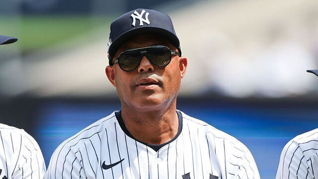 BRONX, NY - AUGUST 24: Andy Pettitte, Mariano Rivera, and Derek Jeter chat during the New York Yankees Old Timers Day on August 24, 2024 at Yankee Stadium in the Bronx, New York.