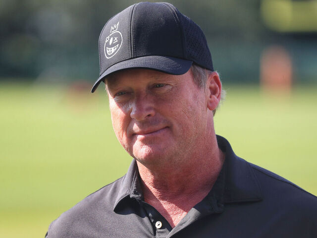TAMPA, FL - AUGUST 07: Former Tampa Bay Buccaneers Super Bowl winning Head Coach Jon Gruden visits with friends during the Titans - Buccaneers Joint Training Camp work out on August 07, 2025 at the AdventHealth Training Center at One Buccaneer Place in Tampa, Florida.