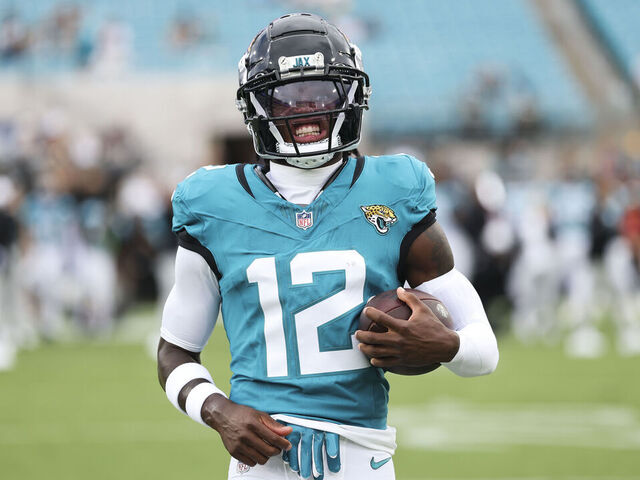 JACKSONVILLE, FLORIDA- AUGUST 9:Jacksonville Jaguars wide receiver Travis Hunter #12 warms up prior to a NFL Preseason 2025 game against the Pittsburgh Steelers at Everbank Stadium on August 9, 2025 in Jacksonville, Florida.