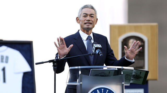 SEATTLE, WASHINGTON - AUGUST 09: Former Seattle Mariners player Ichiro Suzuki speaks during the Ichiro Number Retirement Ceremony before the game against the Tampa Bay Rays at T-Mobile Park on August 09, 2025 in Seattle, Washington.