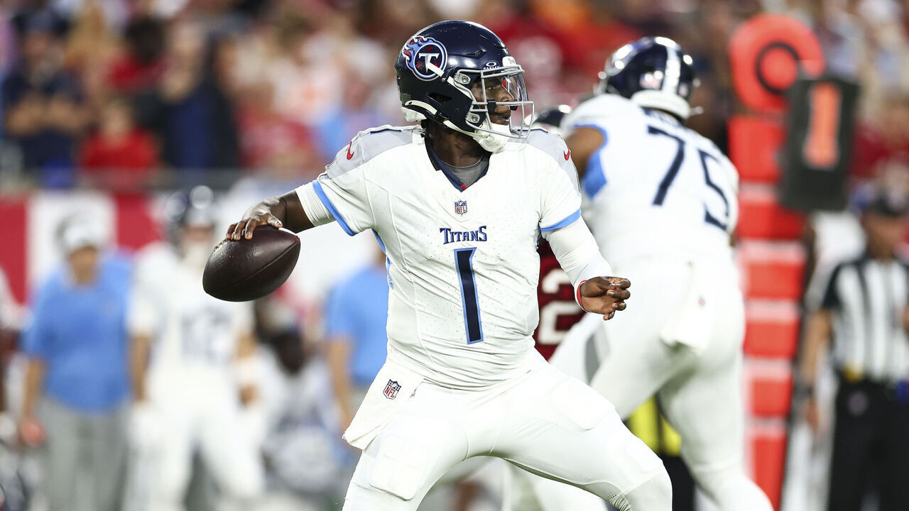 TAMPA, FLORIDA - AUGUST 9: Cameron Ward #1 of the Tennessee Titans throws a pass during the second quarter of the NFL preseason football game against the Tampa Bay Buccaneers at Raymond James Stadium on August 9, 2025 in Tampa, Florida.