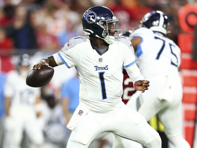 TAMPA, FLORIDA - AUGUST 9: Cameron Ward #1 of the Tennessee Titans throws a pass during the second quarter of the NFL preseason football game against the Tampa Bay Buccaneers at Raymond James Stadium on August 9, 2025 in Tampa, Florida.