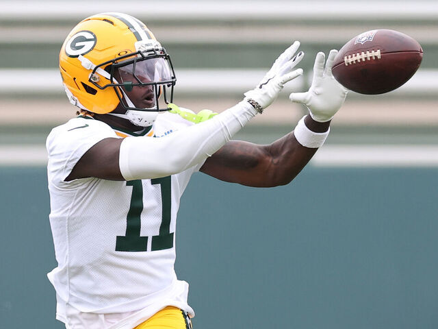 ASHWAUBENON, WISCONSIN - JUNE 10: Jayden Reed #11 of the Green Bay Packers participates in drills during the Green Bay Packers mandatory minicamp at Ray Nitschke Field on June 10, 2025 in Ashwaubenon, Wisconsin.
