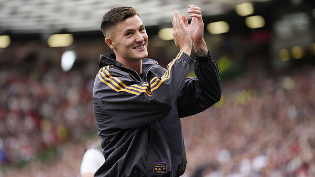 Manchester United's Benjamin Sesko applauds the fans as he is introduced to the crowd before the pre-season friendly match at Old Trafford, Manchester. Picture date: Saturday August 9, 2025.