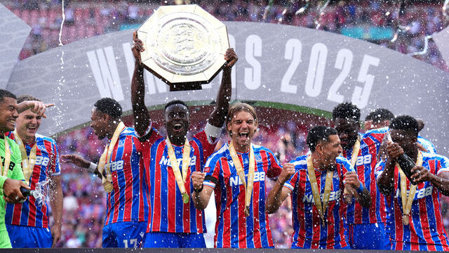 Crystal Palace's Marc Guehi lifts the shield with team-mates following victory in the FA Community Shield match at Wembley Stadium, London. Picture date: Sunday August 10, 2025.