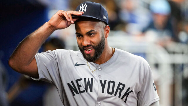 MIAMI, FL - AUGUST 01: Amed Rosario #14 of the New York Yankees looks on prior to the game between the New York Yankees and the Miami Marlins at loanDepot park on Friday, August 1, 2025 in Miami, Florida.