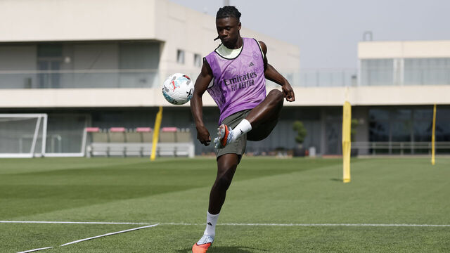 MADRID, SPAIN - AUGUST 06: Eduardo Camavinga player of Real Madrid during training at Valdebebas training ground on August 06, 2025 in Madrid, Spain.
