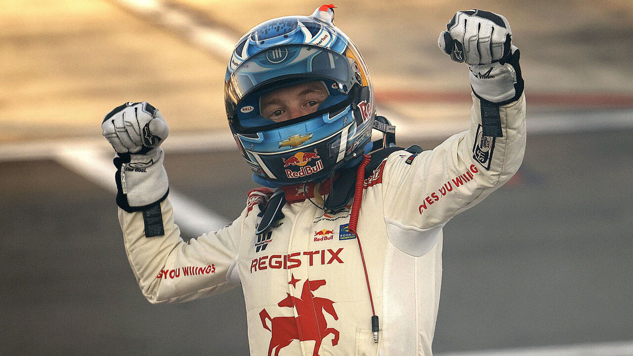 WATKINS GLEN, NEW YORK - AUGUST 09: Connor Zilisch, driver of the #88 Registix Chevrolet, celebrates after winning the NASCAR Xfinity Series Mission 200 at The Glen at Watkins Glen International on August 09, 2025 in Watkins Glen, New York.