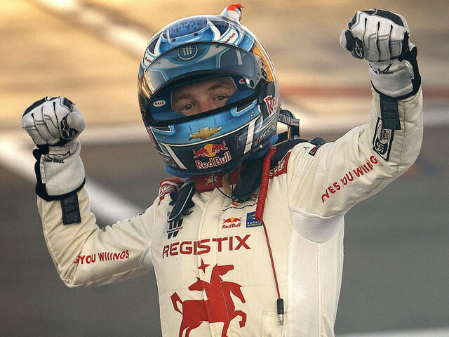 WATKINS GLEN, NEW YORK - AUGUST 09: Connor Zilisch, driver of the #88 Registix Chevrolet, celebrates after winning the NASCAR Xfinity Series Mission 200 at The Glen at Watkins Glen International on August 09, 2025 in Watkins Glen, New York.