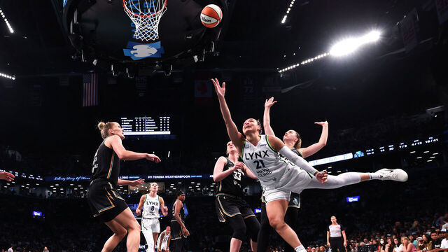 NEW YORK, NEW YORK - AUGUST 10: Kayla McBride #21 of the Minnesota Lynx shoots the ball during the second half against the New York Liberty at Barclays Center on August 10, 2025 in the Brooklyn borough of New York City.