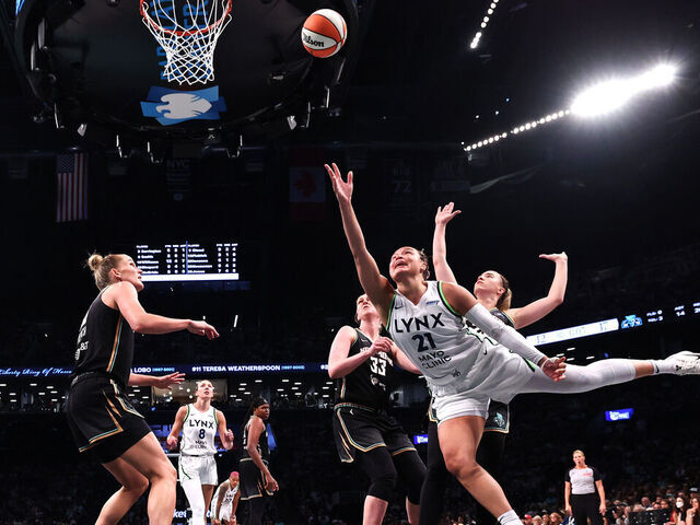 NEW YORK, NEW YORK - AUGUST 10: Kayla McBride #21 of the Minnesota Lynx shoots the ball during the second half against the New York Liberty at Barclays Center on August 10, 2025 in the Brooklyn borough of New York City.