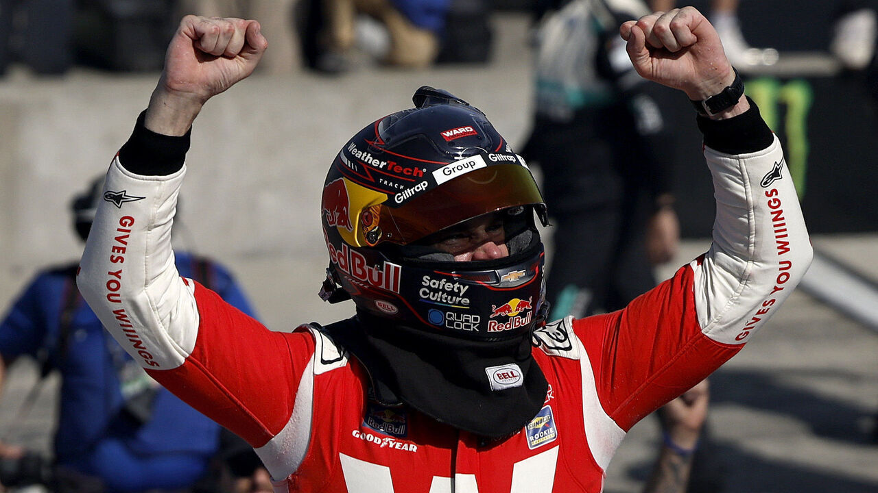 WATKINS GLEN, NEW YORK - AUGUST 10: Shane Van Gisbergen, driver of the #88 WeatherTech Chevrolet, celebrates after winning the NASCAR Cup Series Go Bowling at The Glen at Watkins Glen International on August 10, 2025 in Watkins Glen, New York.