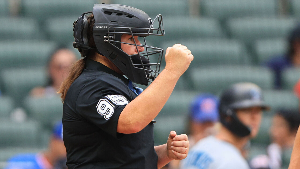 ATLANTA, GA - AUGUST 10: Female home plate umpire Jen Pawol #95 works the Sunday afternoon MLB game between the Atlanta Braves and the Miami Marlins on August 20, 2025 at Truist Park in Atlanta, Georgia.