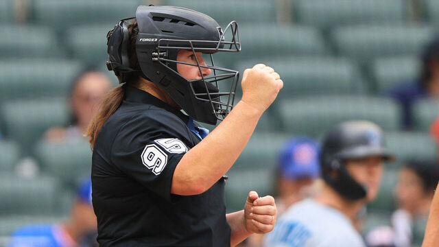 ATLANTA, GA - AUGUST 10: Female home plate umpire Jen Pawol #95 works the Sunday afternoon MLB game between the Atlanta Braves and the Miami Marlins on August 20, 2025 at Truist Park in Atlanta, Georgia.