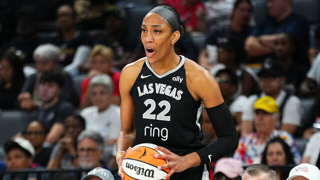 LAS VEGAS, NV - AUGUST 10: A'ja Wilson #22 of the Las Vegas Aces inbounds the ball against the Connecticut Sun on August 10, 2025 at Michelob ULTRA Arena n Las Vegas, Nevada. Mandatory Copyright Notice: Copyright 2025 NBAE